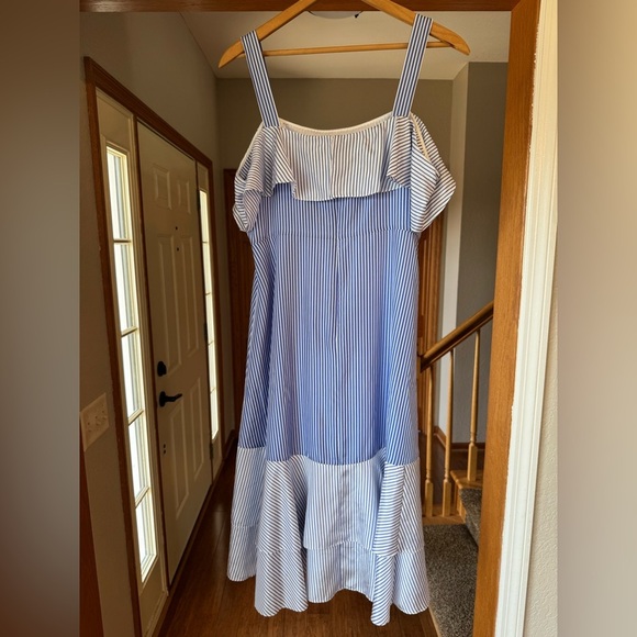 NWT J CREW Striped Cold-Shoulder Silk Dress Size 14 $188 True Blue Ruffle Lined - Picture 6 of 8